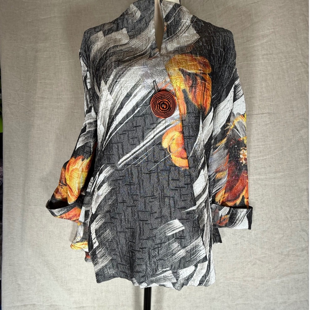 JC by Connie K Textured Floral Jacket Women Large Grey Orange Lagenlook Art Wear